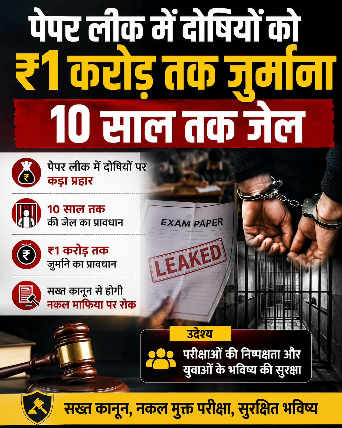 ₹1 करोड़ तक जुर्माना पेपर लीक में दोषियों को 10 साल तक जेल