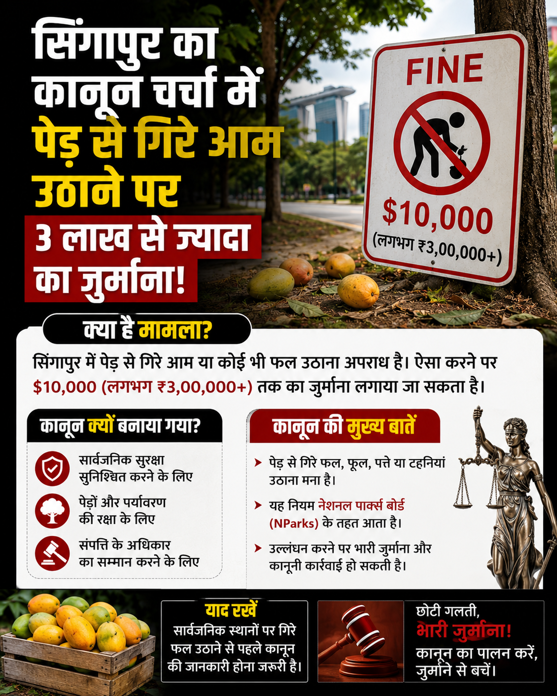 सिंगापुर अपने सख्त कानूनों और अनुशासन के लिए दुनिया भर में जाना जाता है, लेकिन हाल ही में वहां का एक कानून सोशल मीडिया पर चर्चा का विषय बन गया. वायरल वीडियो में एक भारतीय कंटेंट क्रिएटर ने बताया कि सिंगापुर में सड़क पर गिरे आम को उठाना भी भारी पड़ सकता है. दावा किया गया कि ऐसा करने पर 5,000 सिंगापुर डॉलर यानी करीब 3.74 लाख रुपये तक का जुर्माना लग सकता है.