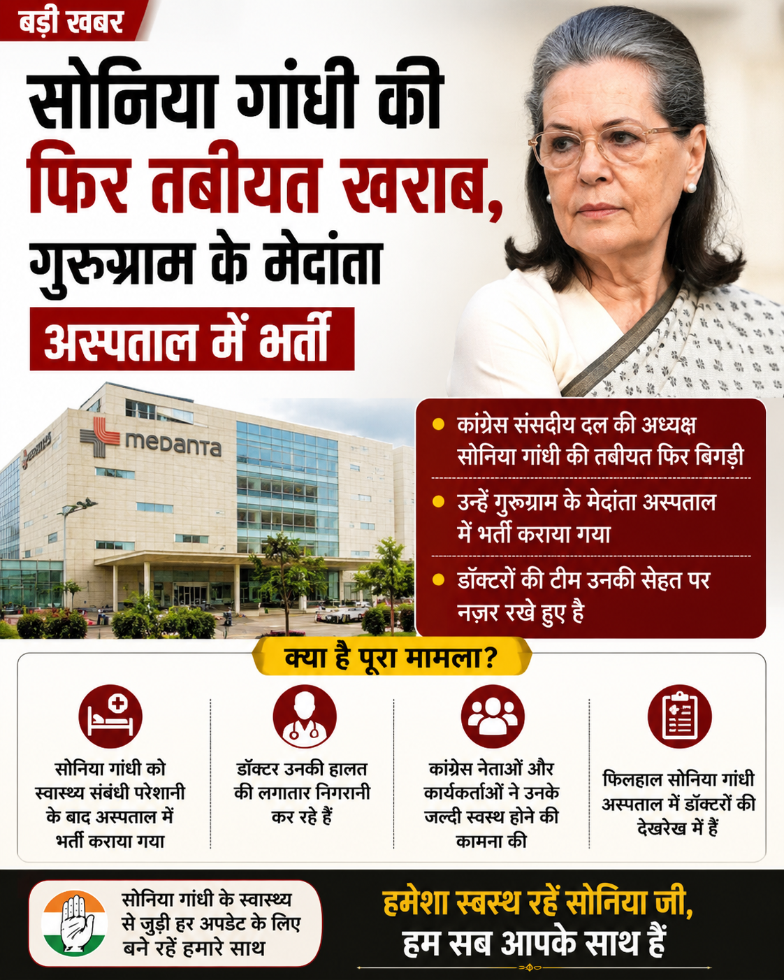 कांग्रेस की सीनियर नेता सोनिया गांधी की तबीयत फिर खराब हो गई है. उन्हें गुरुग्राम के मेदांता अस्पताल में भर्ती कराया गया है. सोनिया गांधी के साथ उनके बेटे और लोकसभा में नेता विपक्ष राहुल गांधी और बेटी प्रियंका गांधी वाड्रा भी मौजूद हैं. #GurugramNews #SoniaGandhi #Delhi #Congress