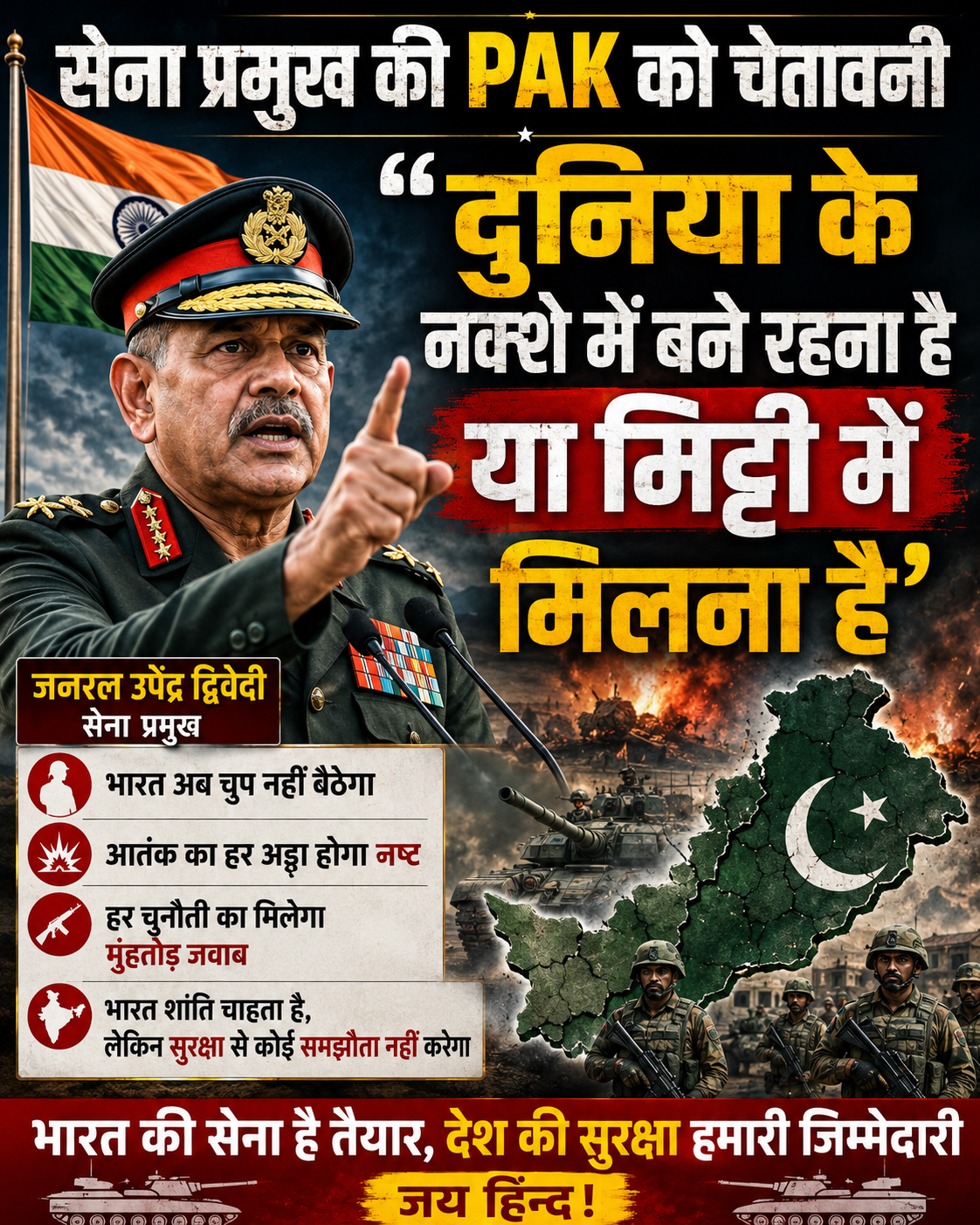 सेना प्रमुख की PAK को चेतावनी 'दुनिया के नक्शे में बने रहना है या मिट्टी में मिलना है'