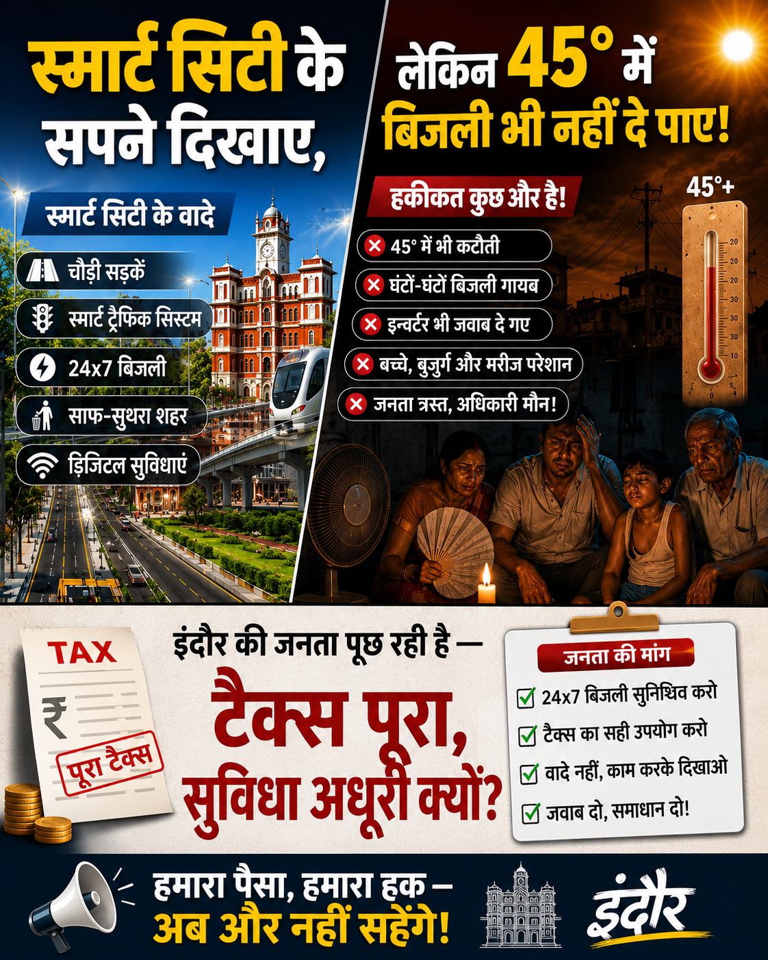 “स्मार्ट सिटी के सपने दिखाए, लेकिन 45° में बिजली भी नहीं दे पाए! इंदौर की जनता पूछ रही है — टैक्स पूरा, सुविधा अधूरी क्यों?