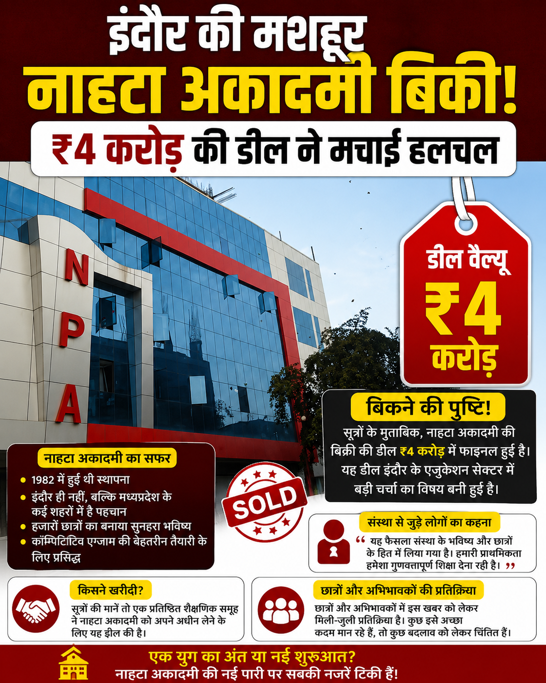 इंदौर में चार्टर्ड अकाउंटेंट (CA) और कंपनी सेक्रेटरी (CS) की तैयारी कराने वाले बड़े कोचिंग संस्थानों में शामिल Nahata Academy का अधिग्रहण हो गया है।प्रारंभिक जानकारी के मुताबिक, Study Caller द्वारा करीब ₹4 करोड़ में Nahata Academy का अधिग्रहण किए जाने की चर्चा है।