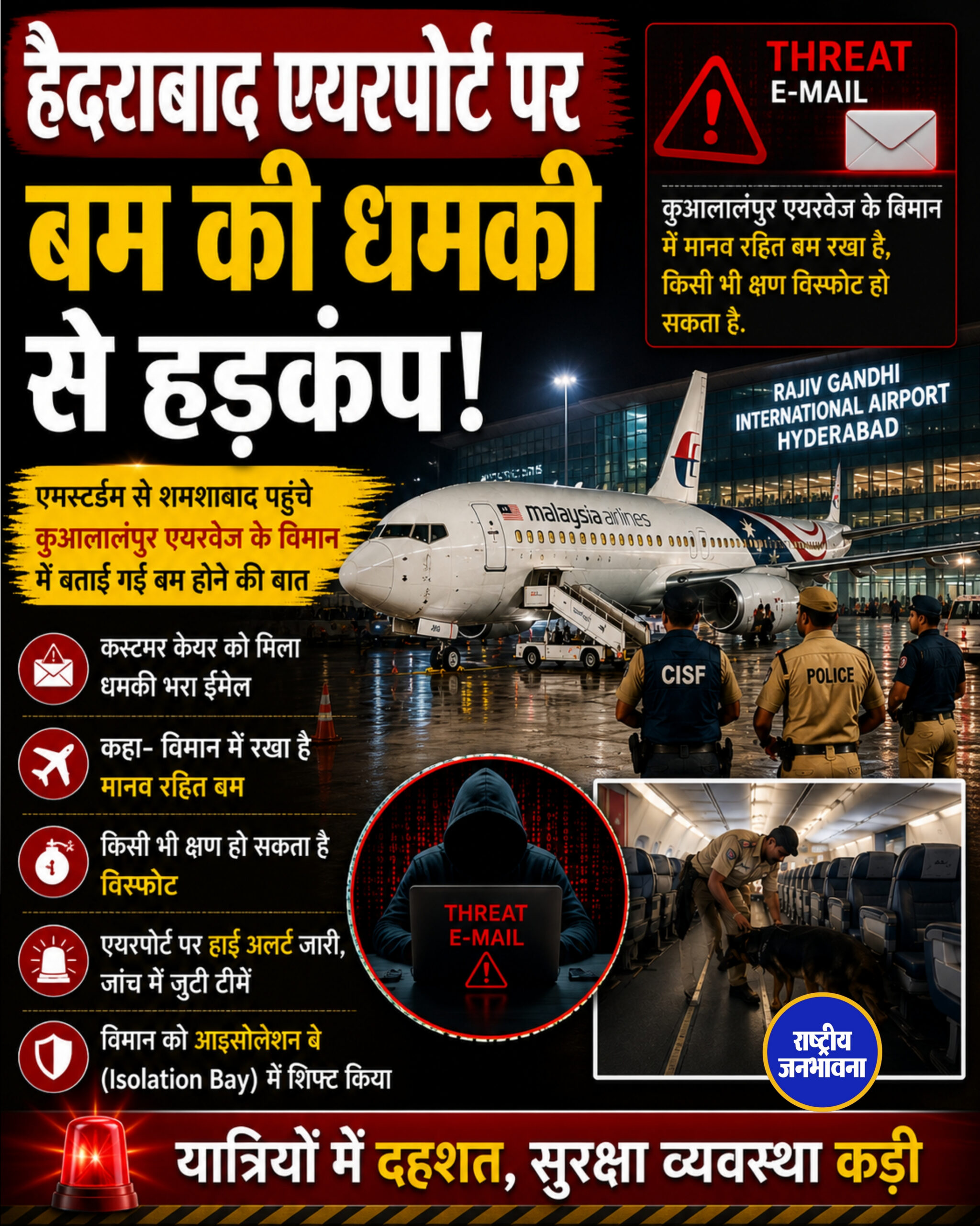 हैदराबाद के शमशाबाद एयरपोर्ट कस्टमर केयर को धमकी भरा ईमेल मिलने से हड़कंप मच गया