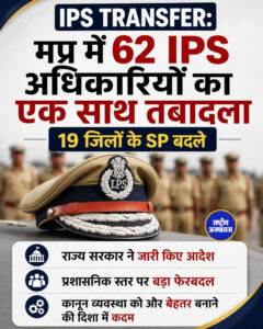 IPS Transfer: मप्र में 62 IPS अधिकारियों का एक साथ तबादला, 19 जिलों के SP बदले