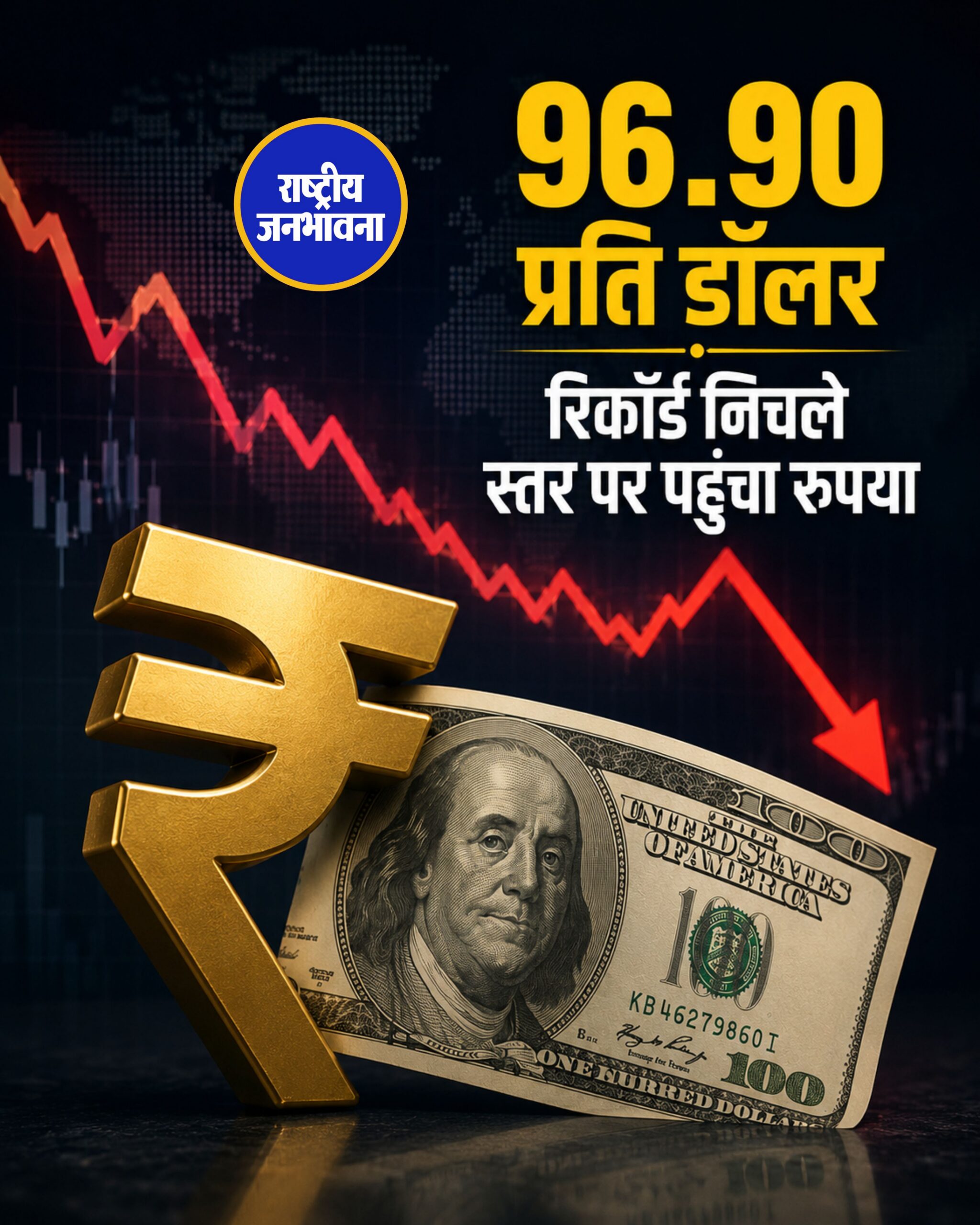 96.90 प्रति डॉलर के रिकॉर्ड निचले स्तर पर पहुंचा रुपया