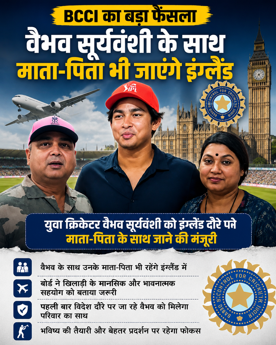 वैभव सूर्यवंशी के लिए BCCI का बड़ा फैसला, माता-पिता भी जाएंगे इंग्लैंड