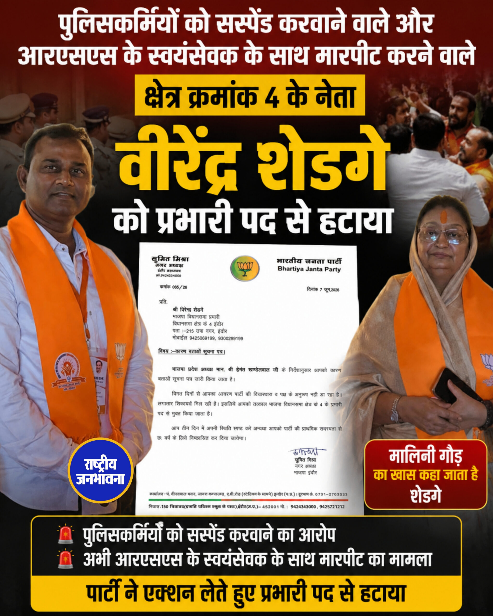 BJP का बड़ा एक्शन: क्षेत्र क्रमांक-4 के नेता वीरेंद्र शेडगे प्रभारी पद से हटाए गए