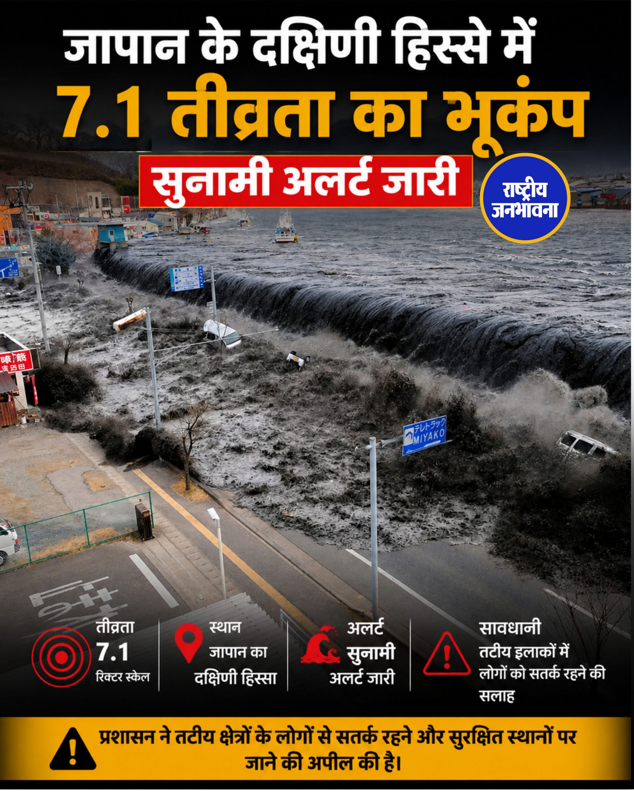 जापान के दक्षिणी हिस्से में 7.1 तीव्रता का भूकंप, सुनामी अलर्ट जारी
