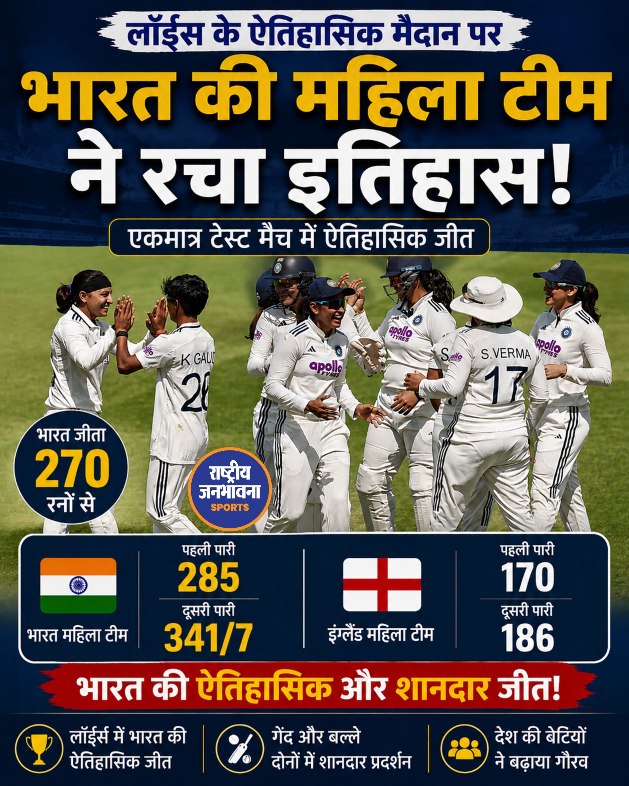 भारत ने लॉर्ड्स में रचा इतिहास, इंग्लैंड को 270 रन से हराकर जीता पहला महिला टेस्ट
