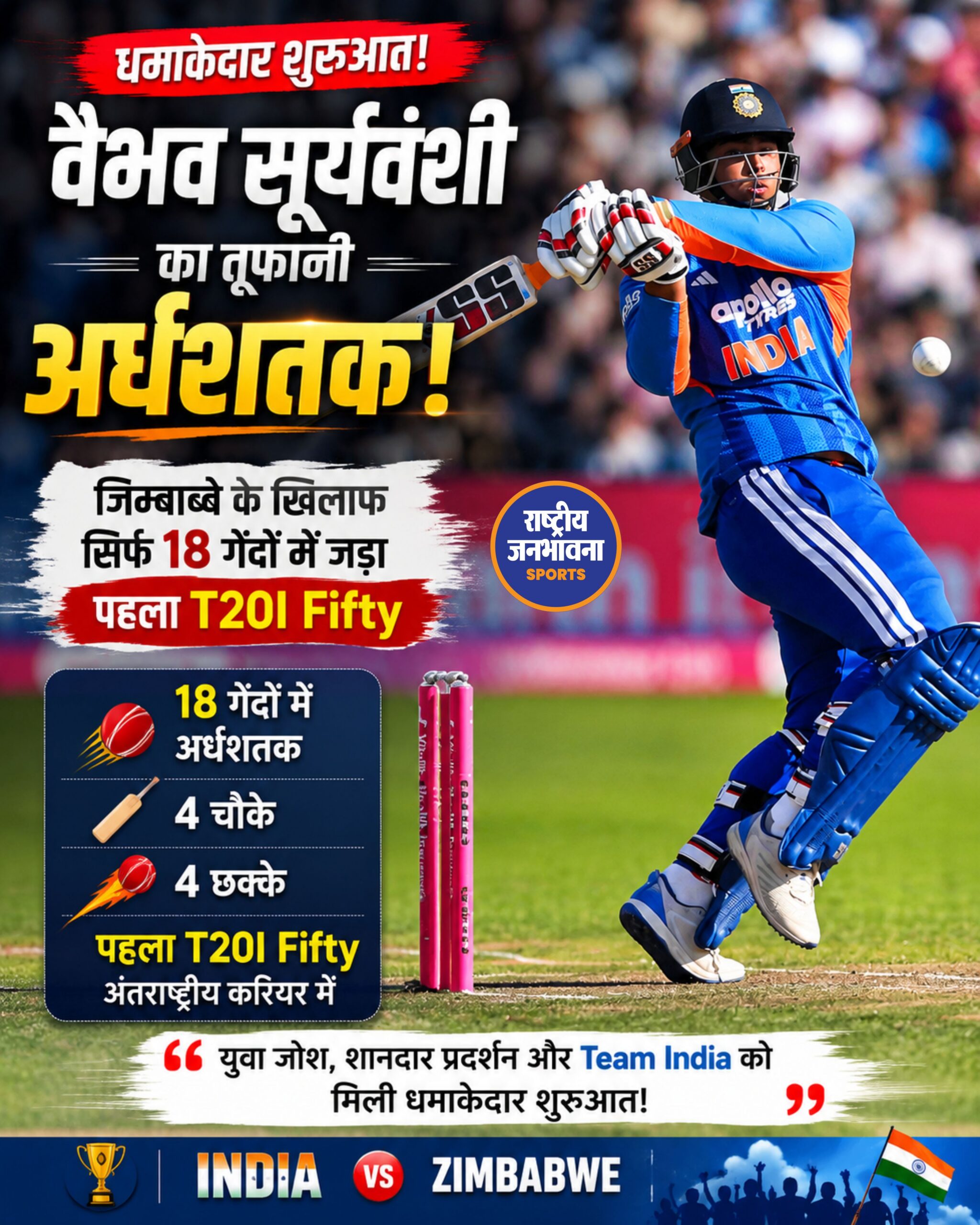 15 साल के वैभव सूर्यवंशी ने रचा इतिहास, जिम्बाब्वे के खिलाफ 19 गेंदों में ठोका T20I अर्धशतक