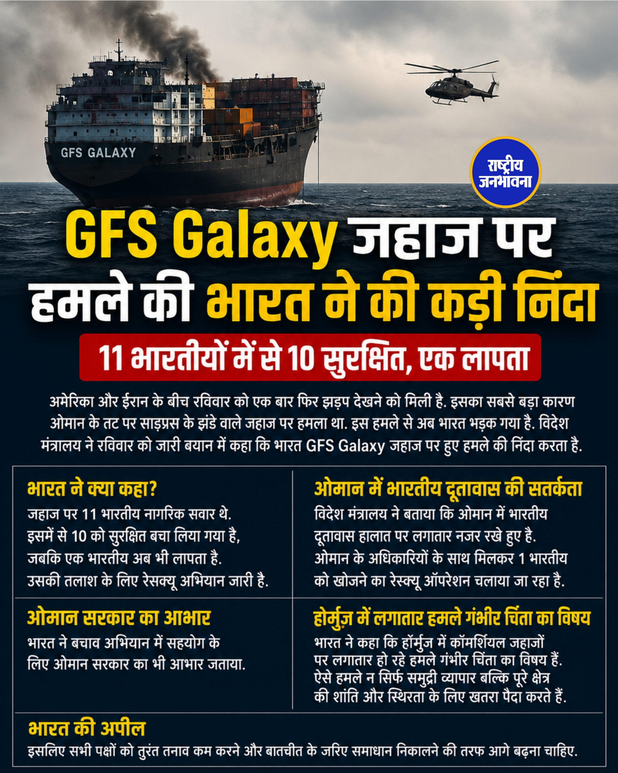 GFS Galaxy जहाज पर हमले की भारत ने की कड़ी निंदा, 11 भारतीयों में से 10 सुरक्षित, एक लापता
