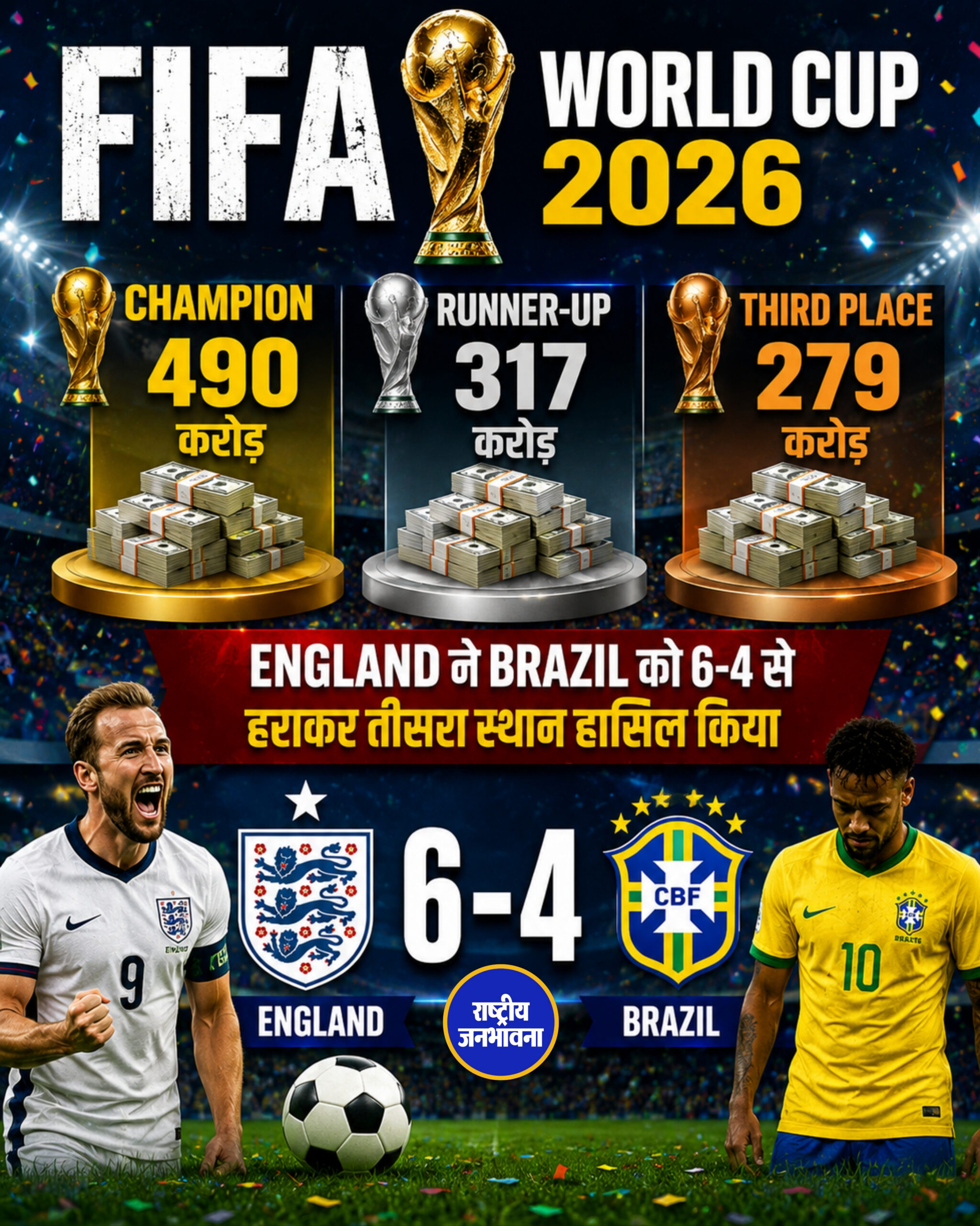 FIFA World Cup 2026 England ने Brazil को 6-4 से हराकर तीसरा स्थान हासिल किया