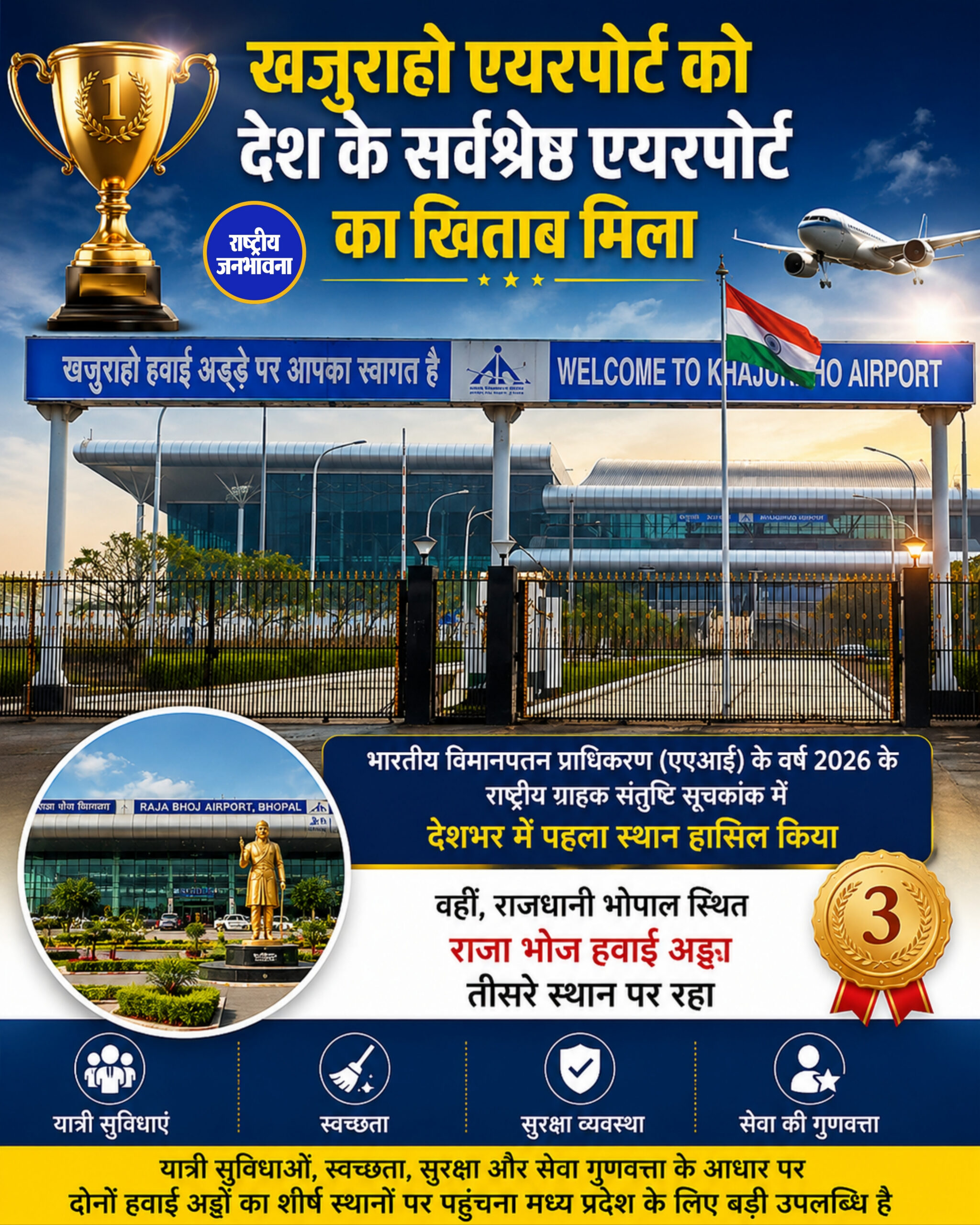खजुराहो एयरपोर्ट को देश के सर्वश्रेष्ठ एयरपोर्ट का खिताब मिला
