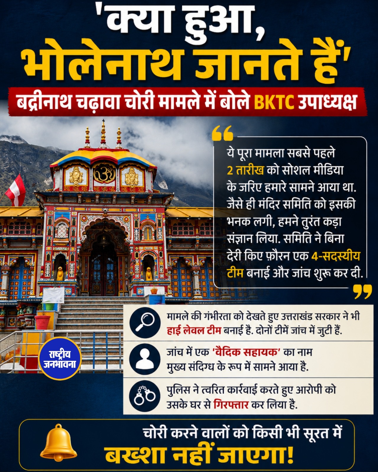 बद्रीनाथ धाम में चढ़ावा चोरी के बाद BKTC सख्त, मुख्य आरोपी गिरफ्तार