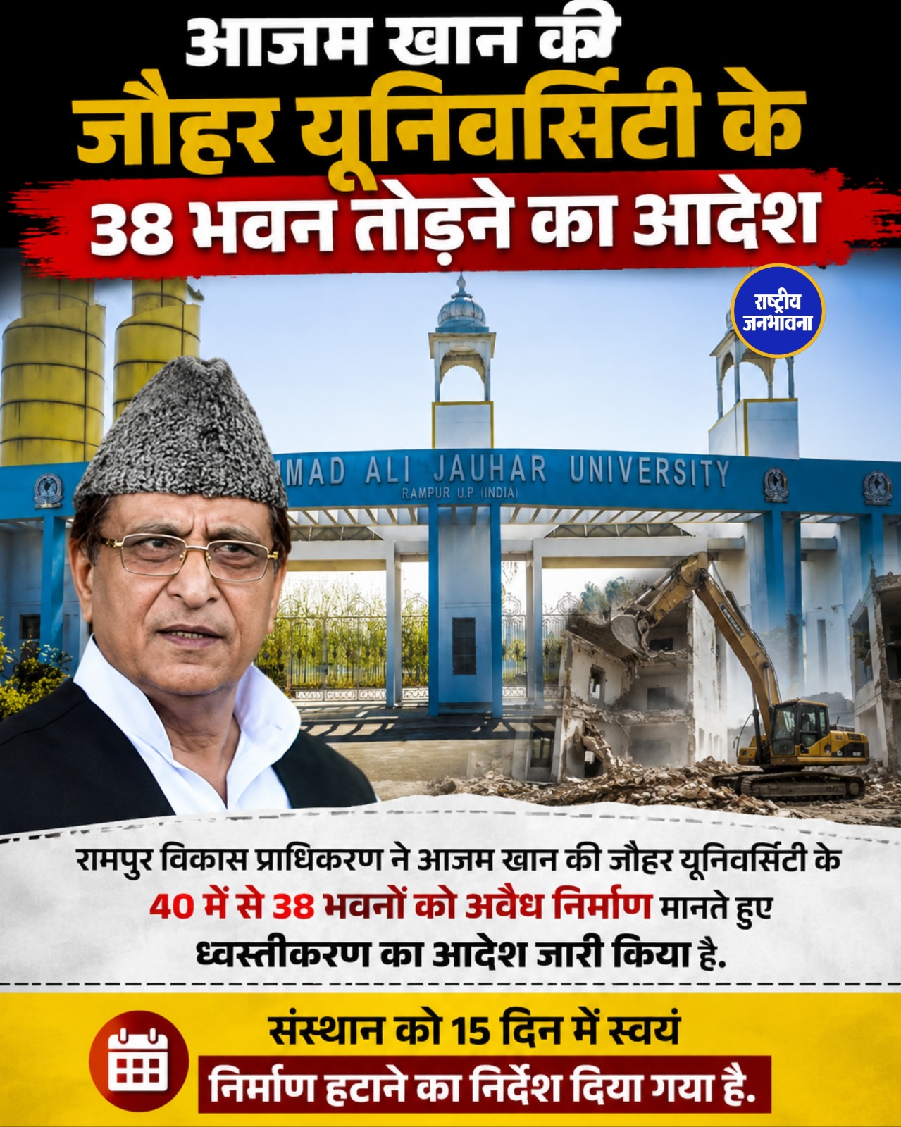 आजम खान की जौहर यूनिवर्सिटी के 38 भवनों पर चला बुलडोजर का खतरा, 15 दिन में हटाने का आदेश