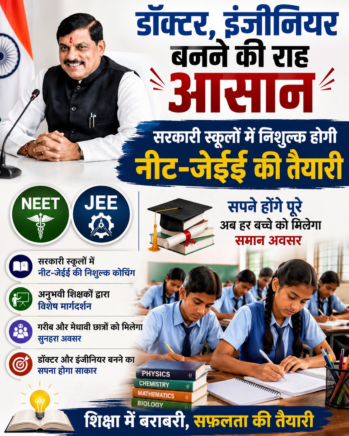 MP सरकार की बड़ी पहल: सरकारी स्कूलों के मेधावी छात्रों को मिलेगी NEET और JEE की मुफ्त कोचिंग