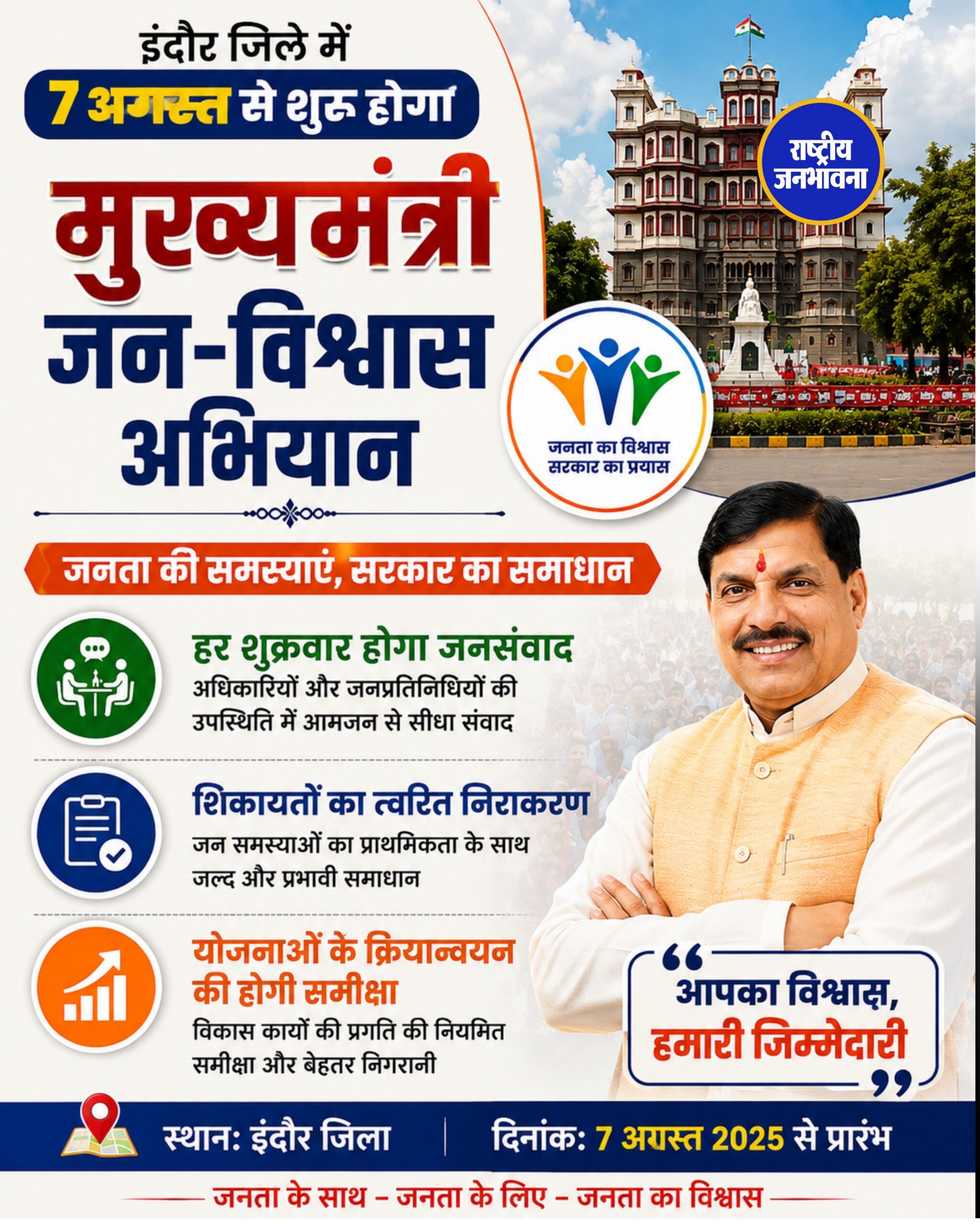 इंदौर में 7 अगस्त से शुरू होगा ‘मुख्यमंत्री जन-विश्वास अभियान-2026’, हर शुक्रवार लगेगा जनसंवाद शिविर