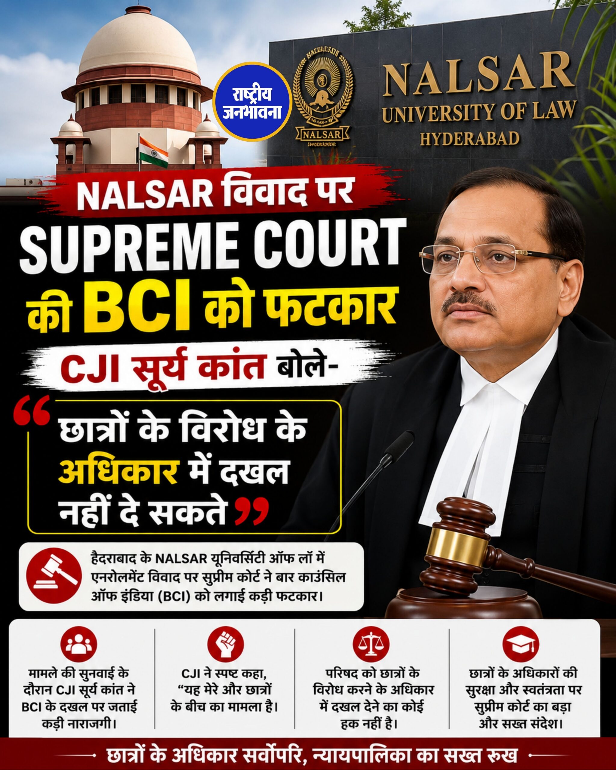 NALSAR मामले में BCI के रवैये पर सुप्रीम कोर्ट सख्त, छात्रों के विरोध के अधिकार पर जताई नाराजगी