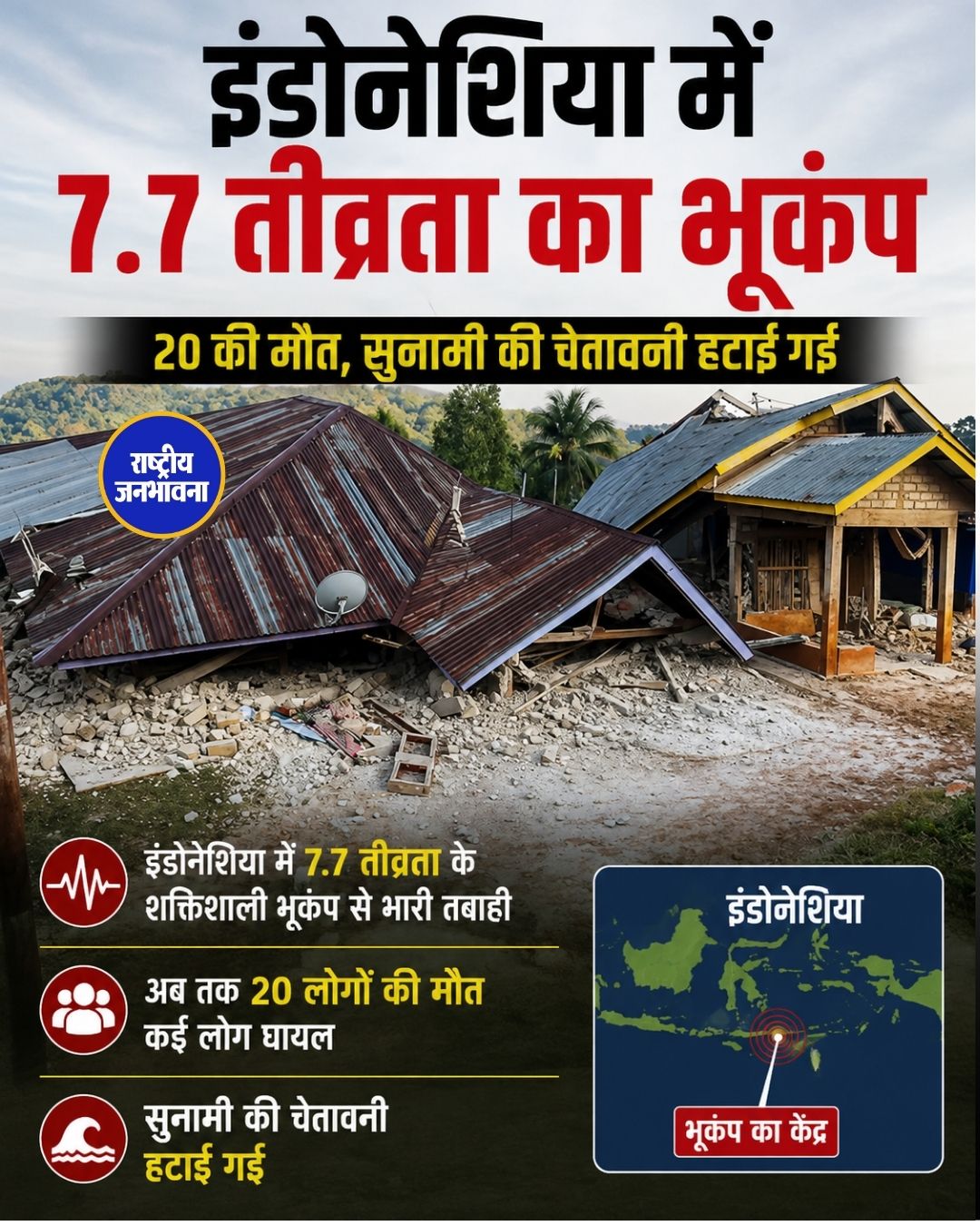 इंडोनेशिया में 7.7 तीव्रता के भूकंप से तबाही, 20 लोगों की मौत, सुनामी चेतावनी हटाई गई