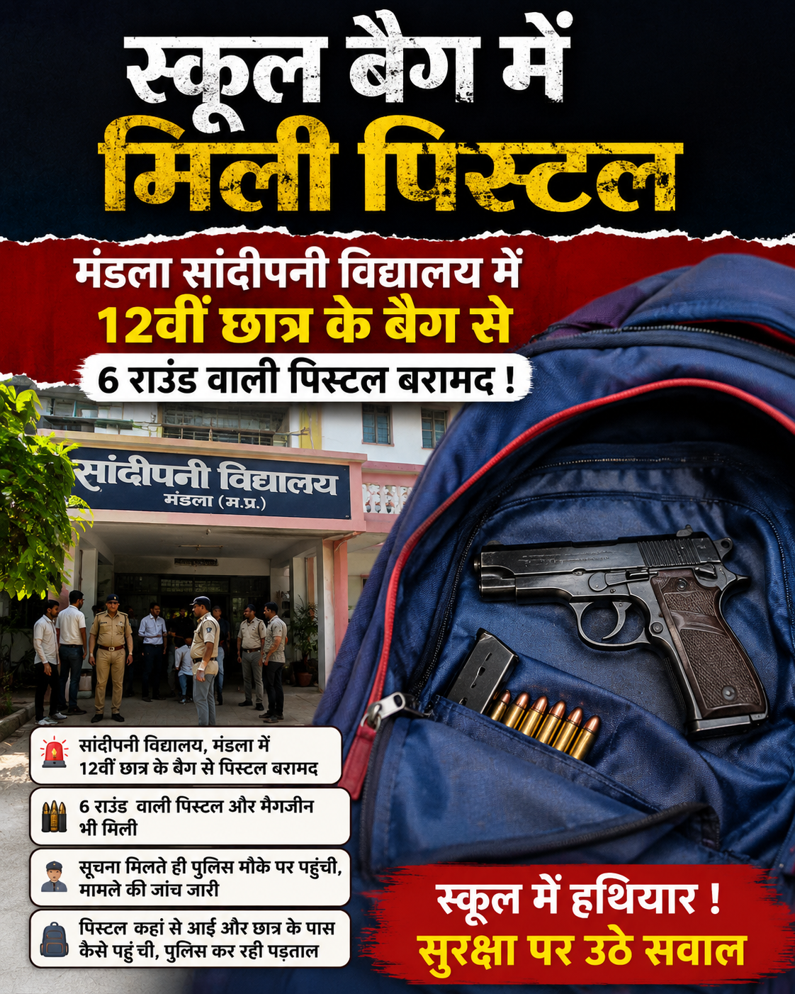 स्कूल बैग की जांच में नाबालिग छात्र के पास मिली 6 राउंड क्षमता वाली पिस्टल