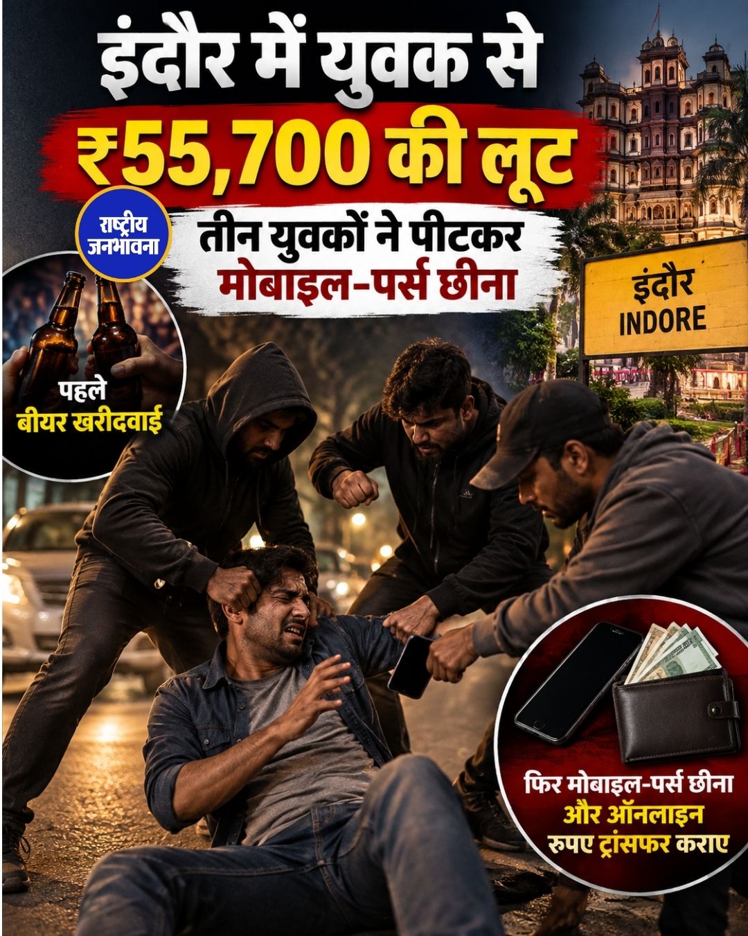 इंदौर में युवक से ₹55,700 की लूट, बीयर खरीदवाकर मोबाइल-पर्स छीना